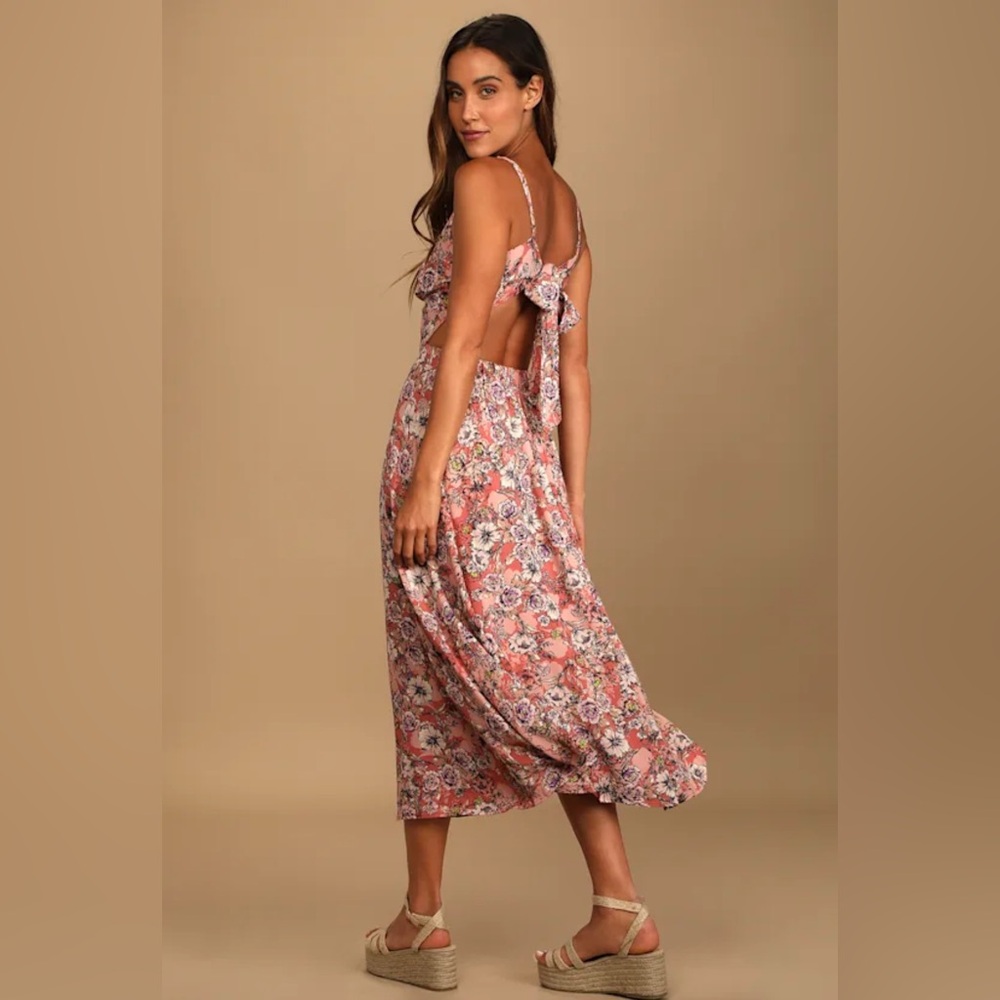 NWT Lulu’s Pink Floral Print Tie-Back Midi Dress, size Small